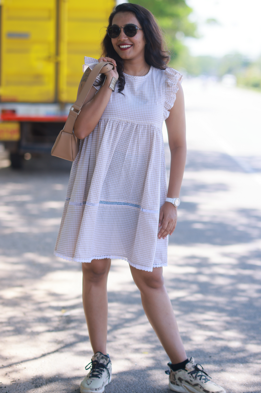 Gingham Check Babydoll Dress (Beige)