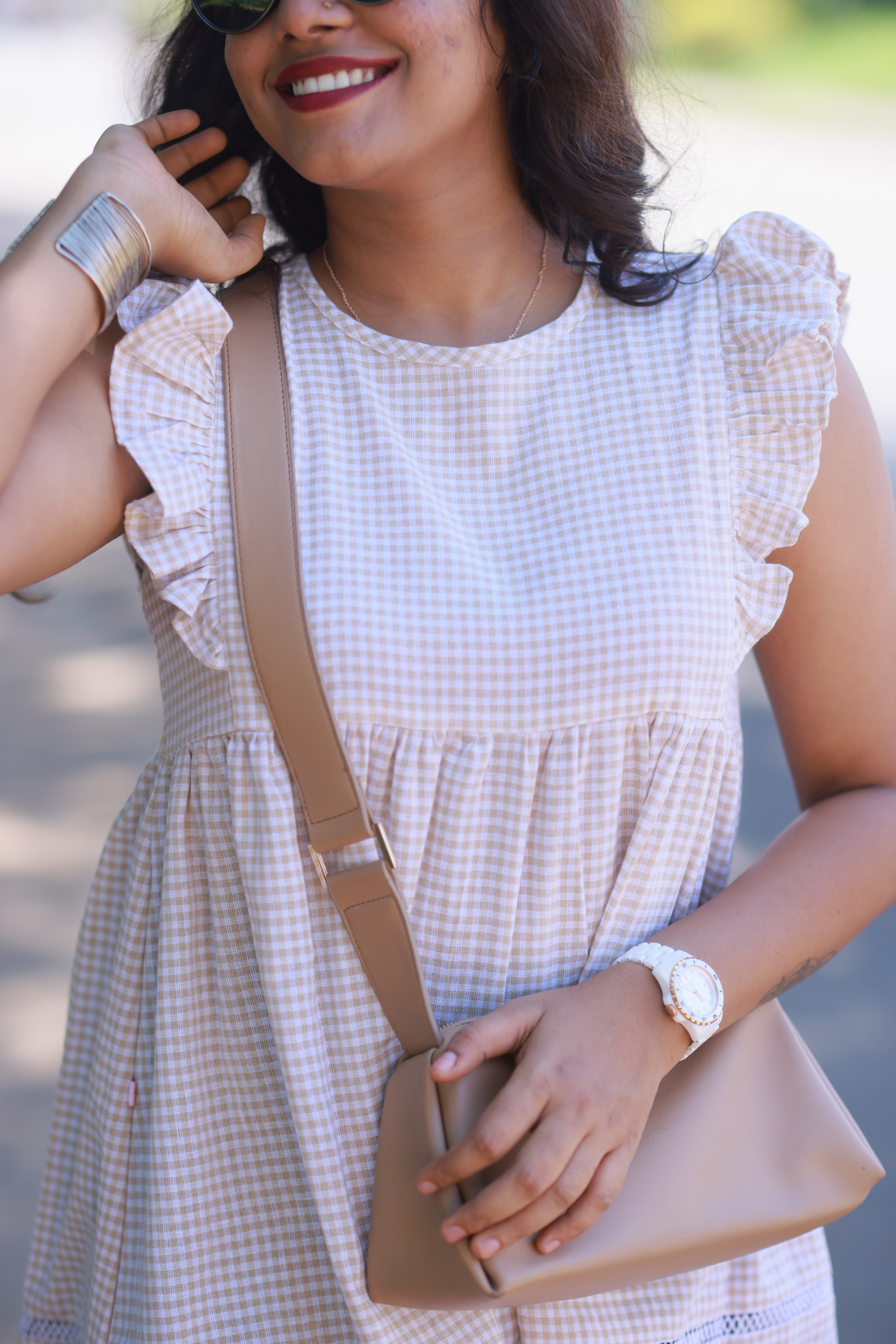 Gingham Check Babydoll Dress (Beige)