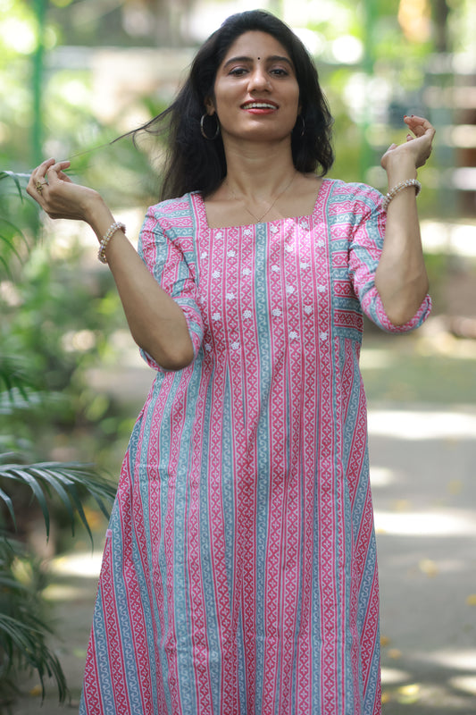 Flora Dot Dress-Pink & Grey Stripes