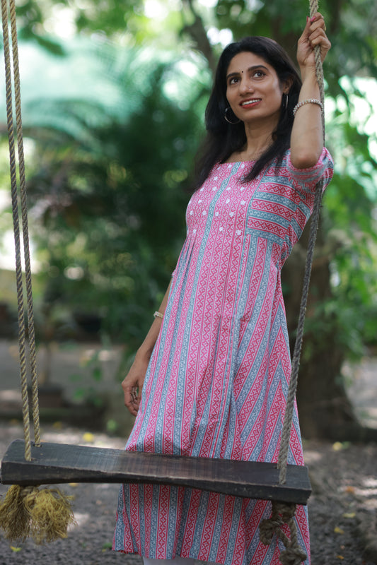 Flora Dot Dress-Pink & Grey Stripes